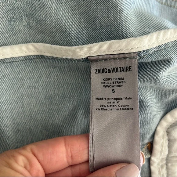 $448 Zadig & Voltaire Kioky Denim Skull Strass Jacket S Small Embellished Jean - Picture 11 of 14